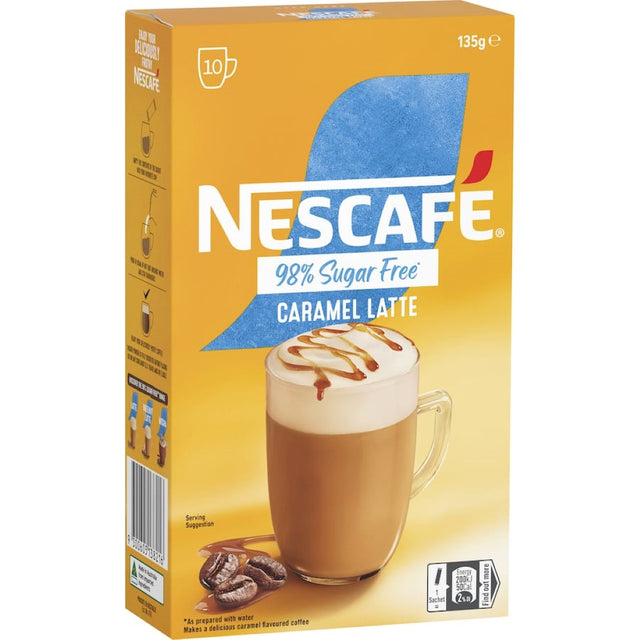 Nescafe 98% Sugar Free Caramel Latte sachets in a 10-pack for a creamy, frothy coffee experience.