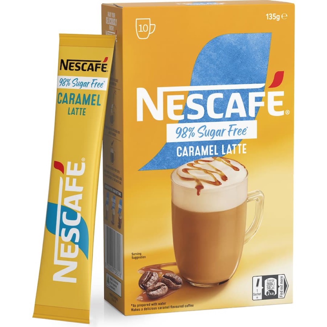 Nescafe 98% Sugar Free Caramel Latte sachets, offering creamy coffee with rich caramel flavor, perfect for a guilt-free treat.