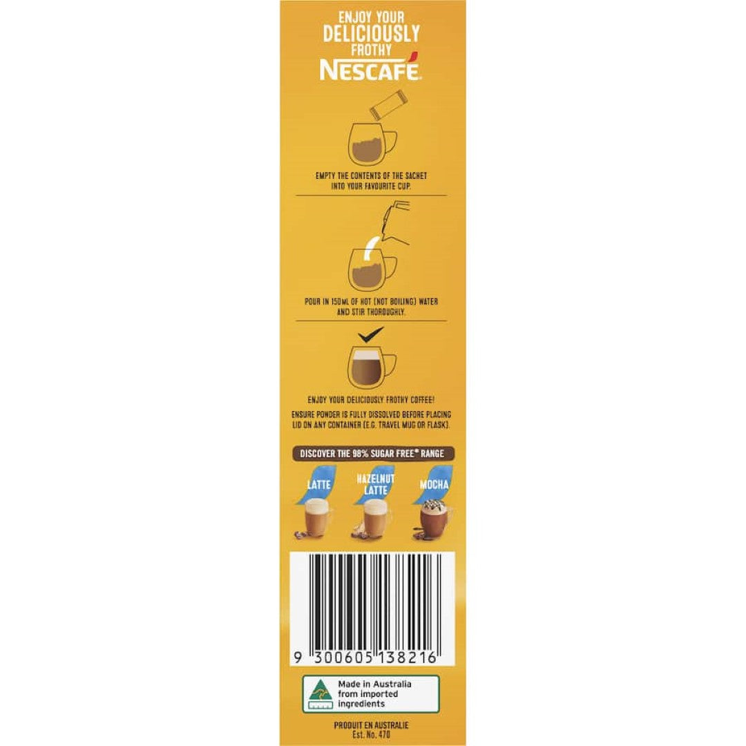 Nescafe 98% Sugar Free Caramel Latte sachets for a creamy, indulgent coffee experience at home.