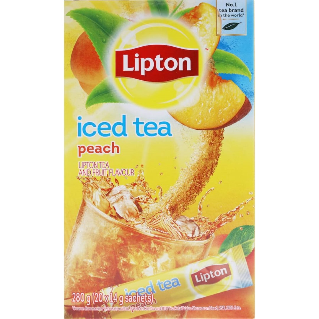 A bottle of Lipton Iced Tea Peach showcasing crisp black tea blended with natural peach flavor for a refreshing drink.