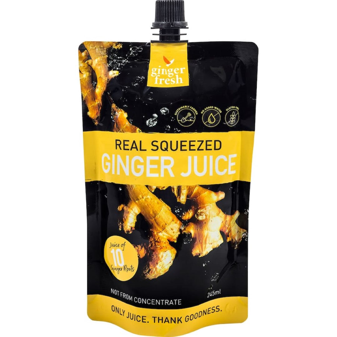 Just Fresh Co Squeezed Fruit Juice Ginger in a resealable pouch, offering fresh, 100% natural ginger juice without additives.