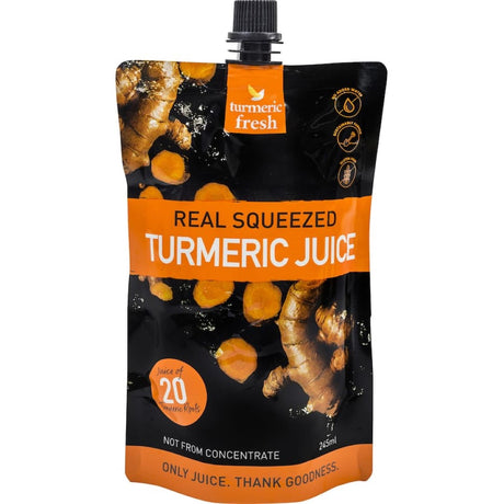 Vibrant turmeric juice from 20 roots, gluten-free, vegan, and perfect for cooking or smoothies in a resealable pouch.