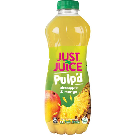 Bright bottle of Just Juice Pulp'd Pineapple & Mango featuring real fruit pulp, offering a refreshing tropical beverage.