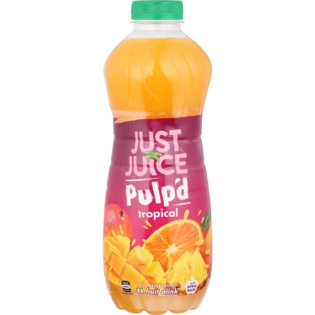 Just Juice Pulp'd Tropical fruit juice with natural pulp, featuring orange, pineapple & mango flavors for a refreshing taste.