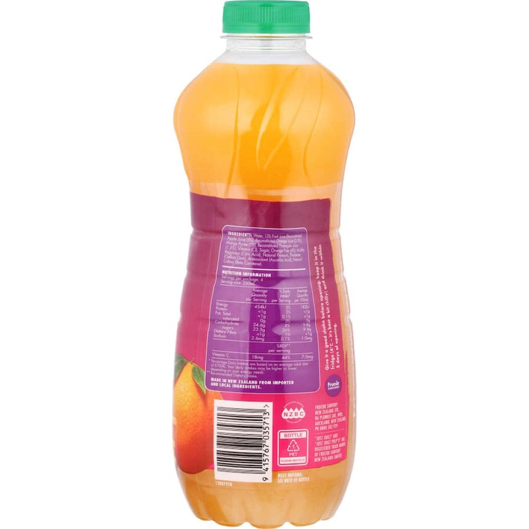 Vibrant Just Juice Pulp'd Tropical bottle featuring natural citrus pulp in orange, pineapple & mango flavors, perfect for refreshing drinks.