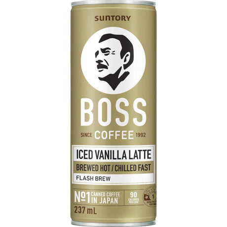 A refreshing Boss Iced Coffee Vanilla Latte with rich espresso and creamy vanilla flavor, perfect for on-the-go enjoyment.