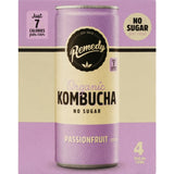 A bottle of Remedy Organic Kombucha Passionfruit, showcasing its vibrant tropical fruit flavor and gut-friendly probiotics.