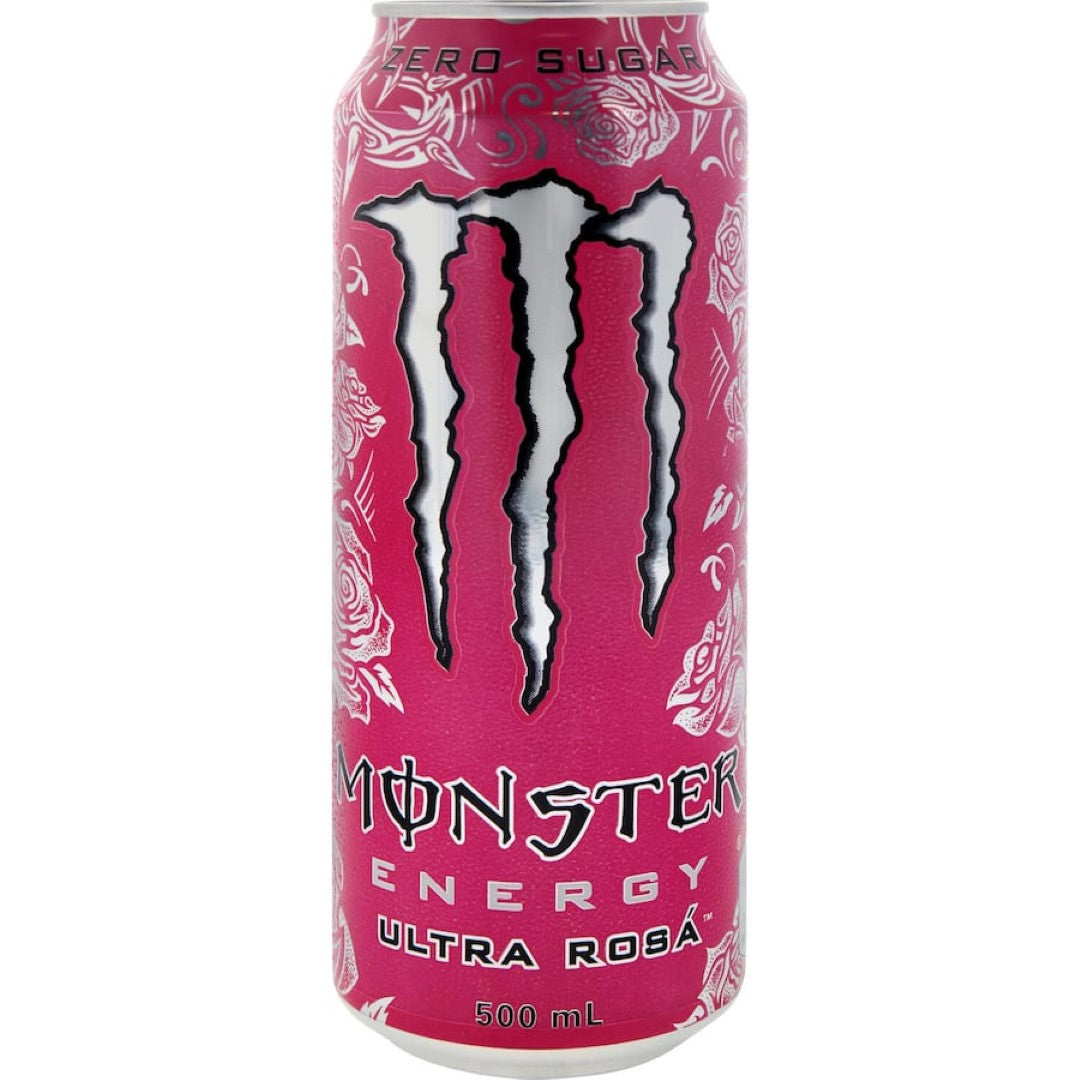 Can of Monster Ultra Energy Drink Rosa featuring a refreshing rose flavor, sugar-free formula, and energizing ingredients.