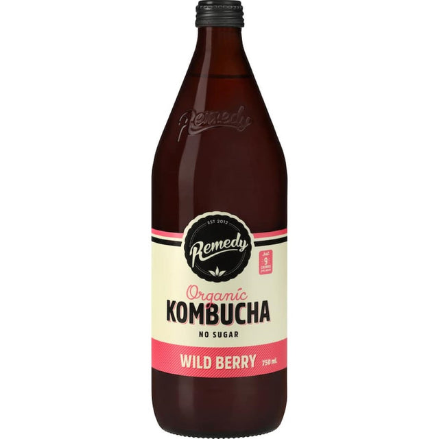 Bottled Remedy Kombucha Wild Berry, a no-sugar blend of strawberries, blackberries, and blueberries for a guilt-free refreshment.