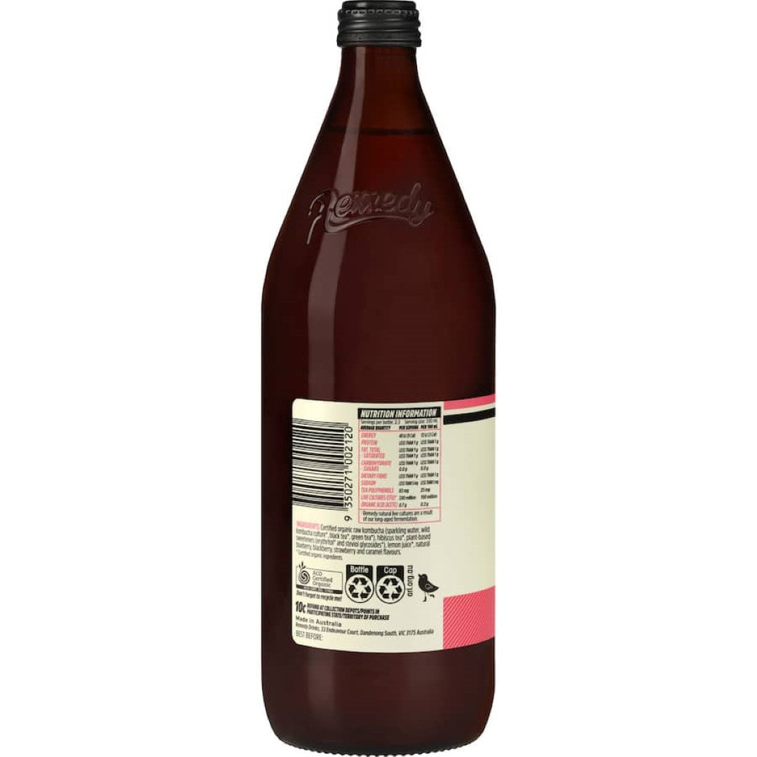 A vibrant bottle of Remedy Kombucha Wild Berry, featuring a mix of strawberries, blackberries, and blueberries, no sugar added.