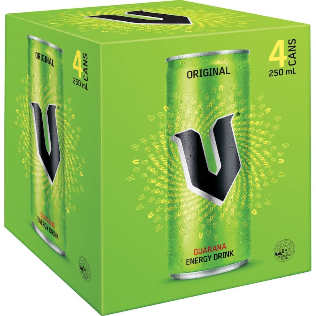 V Vitalise Energy Drink 250ml can, featuring guarana and B vitamins for a refreshing energy boost on the go.