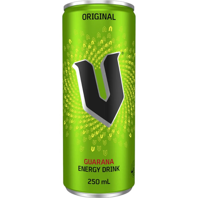 "V Vitalise Energy Drink Guarana, energizing beverage with guarana and B vitamins for a refreshing boost on the go."