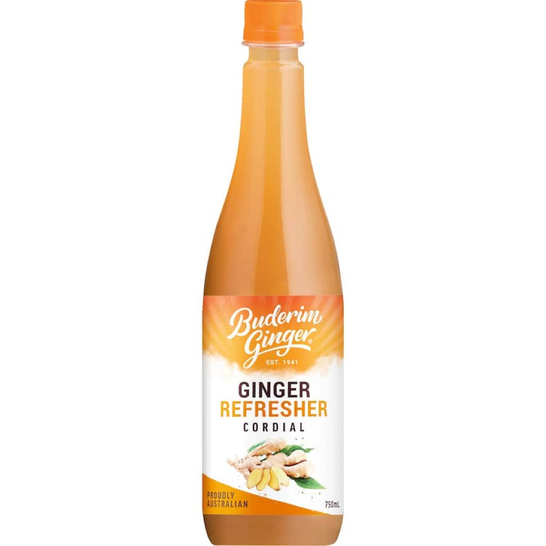 Buderim Concentrate Ginger Refresher Cordial bottle, perfect for creating refreshing ginger beverages and cocktails.