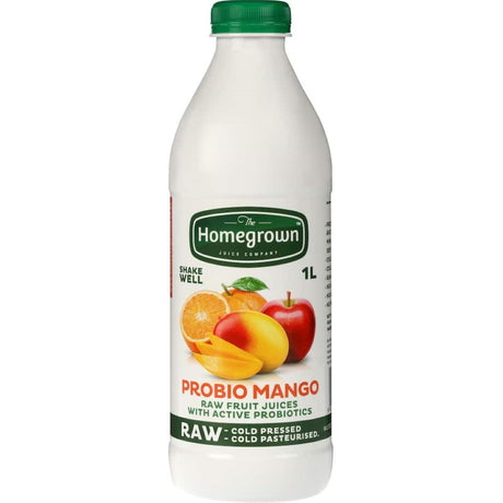 Delicious Homegrown fruit juice with probiotic benefits, featuring ripe mango flavor for a refreshing drink.