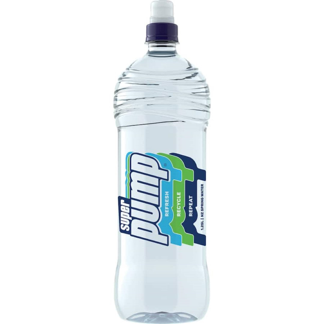 A convenient 1.25L water bottle with an ergonomic sipper top, crafted from pure New Zealand spring water for ultimate hydration.