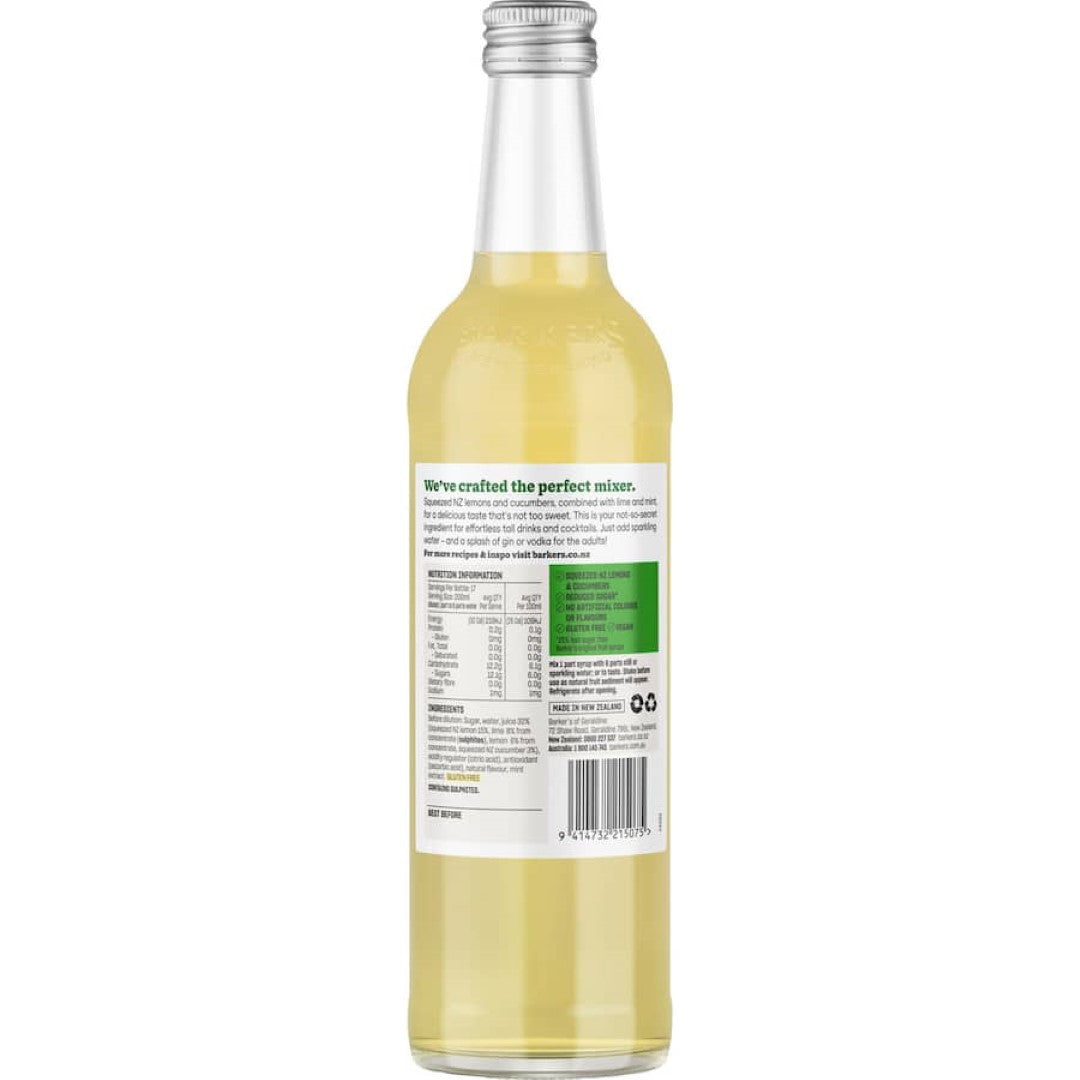 Refreshing Barkers Cordial featuring a blend of lemon, lime, cucumber, and mint for a guilt-free, tasty beverage.