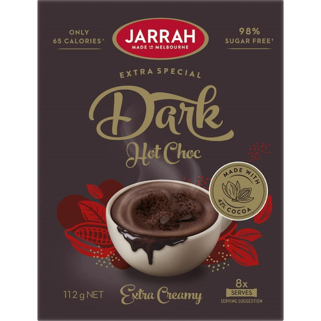 Rich and creamy Jarrah Hot Chocolate Dark with 42% cocoa, 98% sugar-free, perfect for indulgent and guilt-free enjoyment.