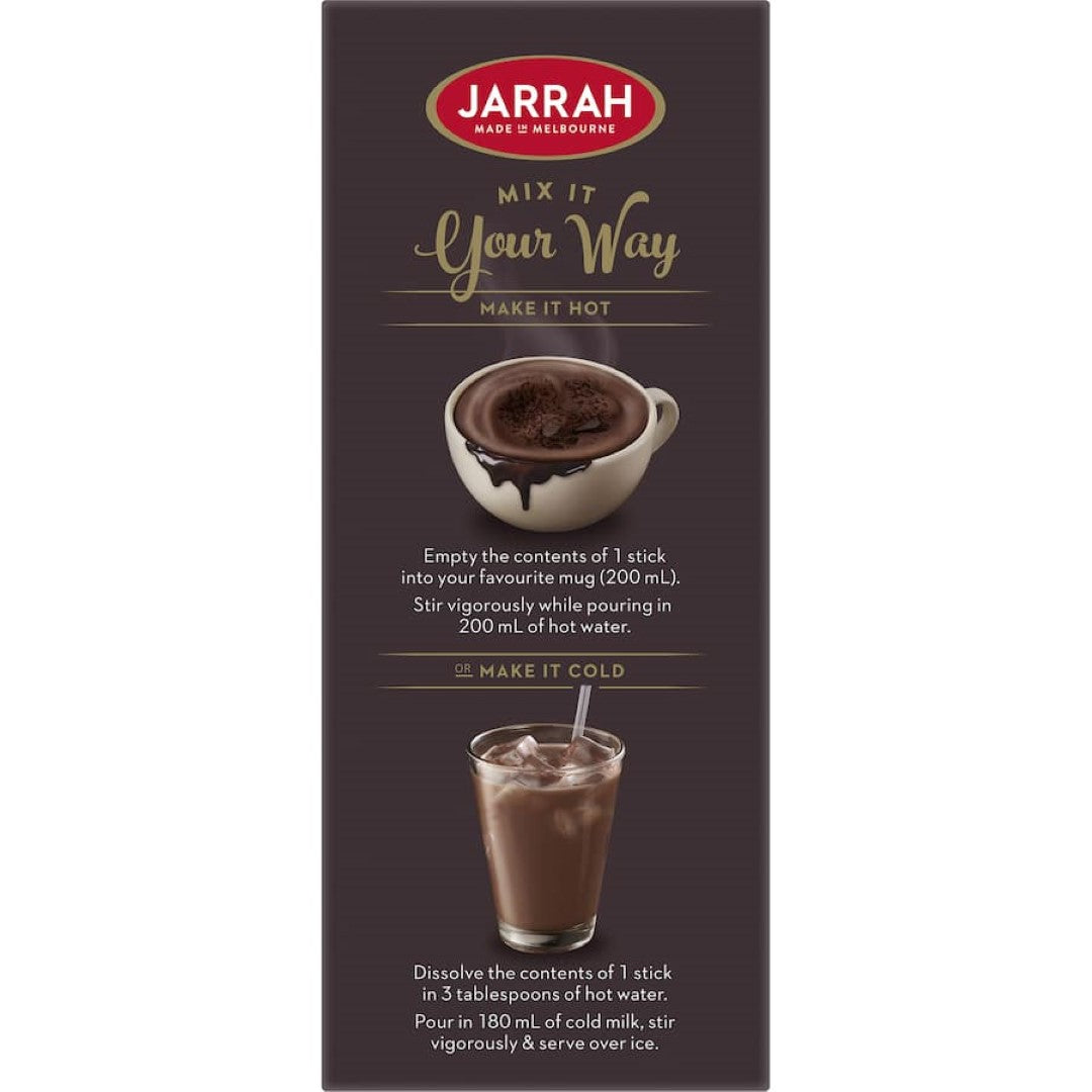 Rich Jarrah Hot Chocolate Dark with 42% cocoa, 98% sugar-free, creamy, smooth, and only 65 calories per serving.