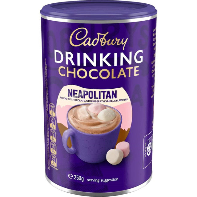 Cadbury Drinking Chocolate Neapolitan with chocolate, strawberry, and vanilla flavors for a rich, creamy hot or cold beverage.