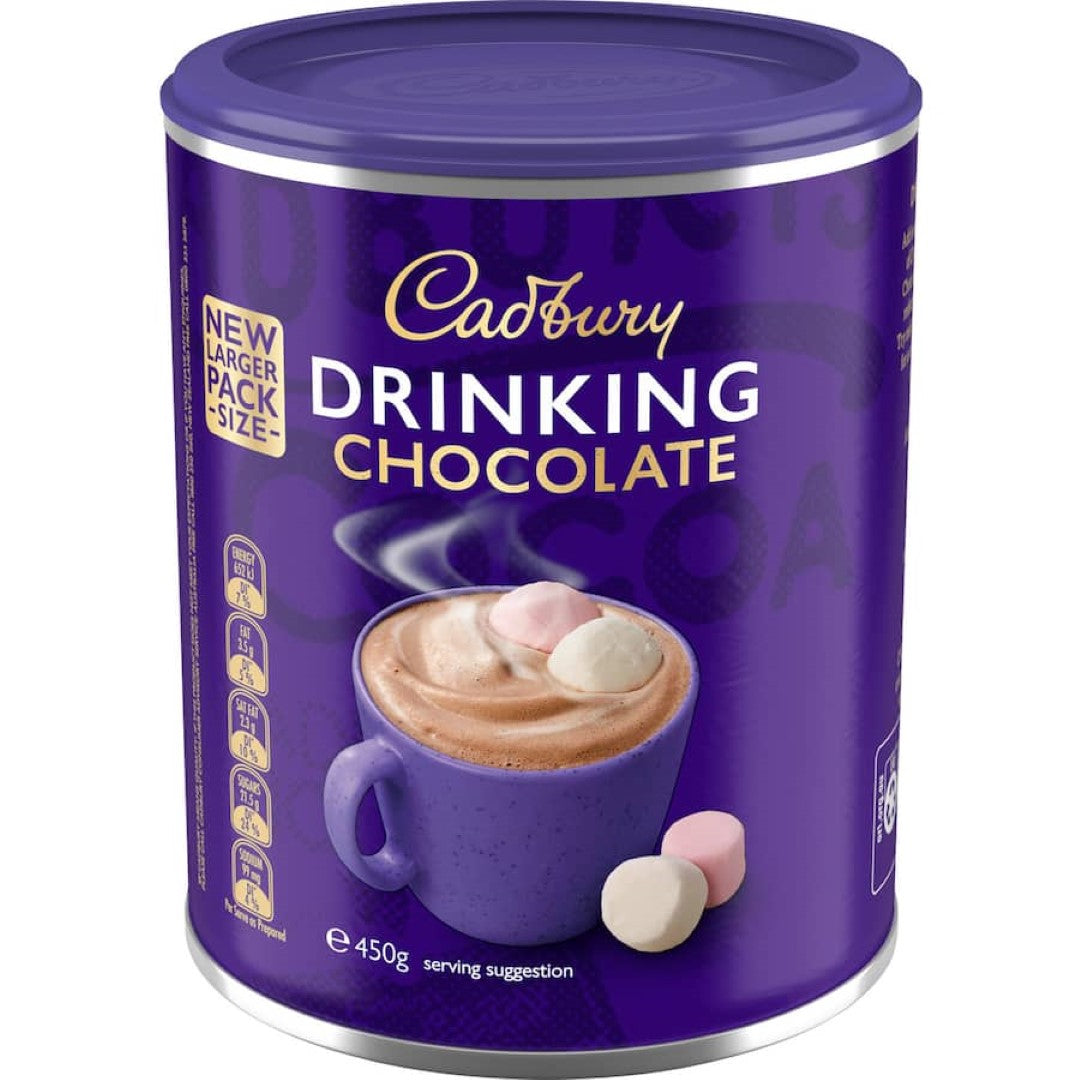 A cozy cup of Cadbury Drinking Chocolate topped with marshmallows and flake, perfect for any chocolate lover.