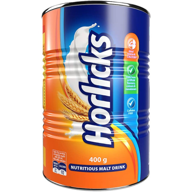 A creamy Horlicks Malt Drink in a mug, rich in vitamins, made from wheat and barley, free from artificial additives.