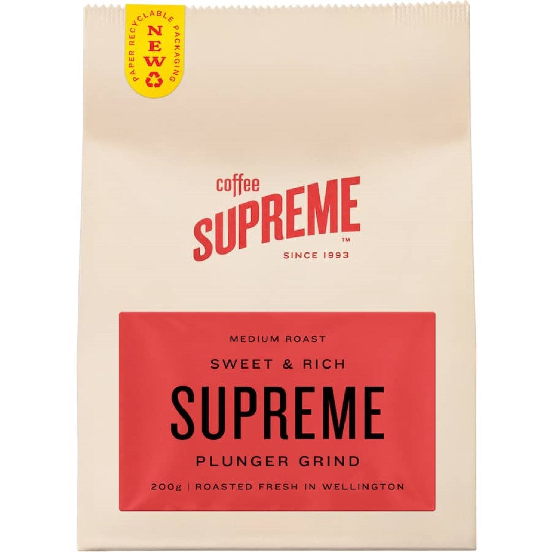 Coffee Supreme Plunger & Filter Grind Supreme Blend package featuring rich coffee flavors designed for French press brewing.