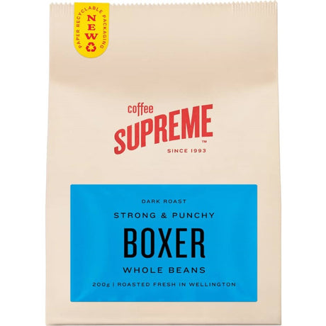 Whole beans of Coffee Supreme Boxer Blend, offering bold flavor and smooth finish for a delightful coffee experience.