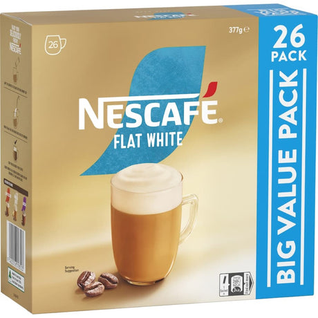 Nescafe Cafe Menu Flat White sachets, a creamy coffee blend in a 26-pack with a chocolate shaker for easy preparation.