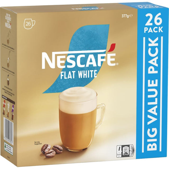 Nescafe Cafe Menu Flat White sachets, a creamy coffee blend in a 26-pack with a chocolate shaker for easy preparation.