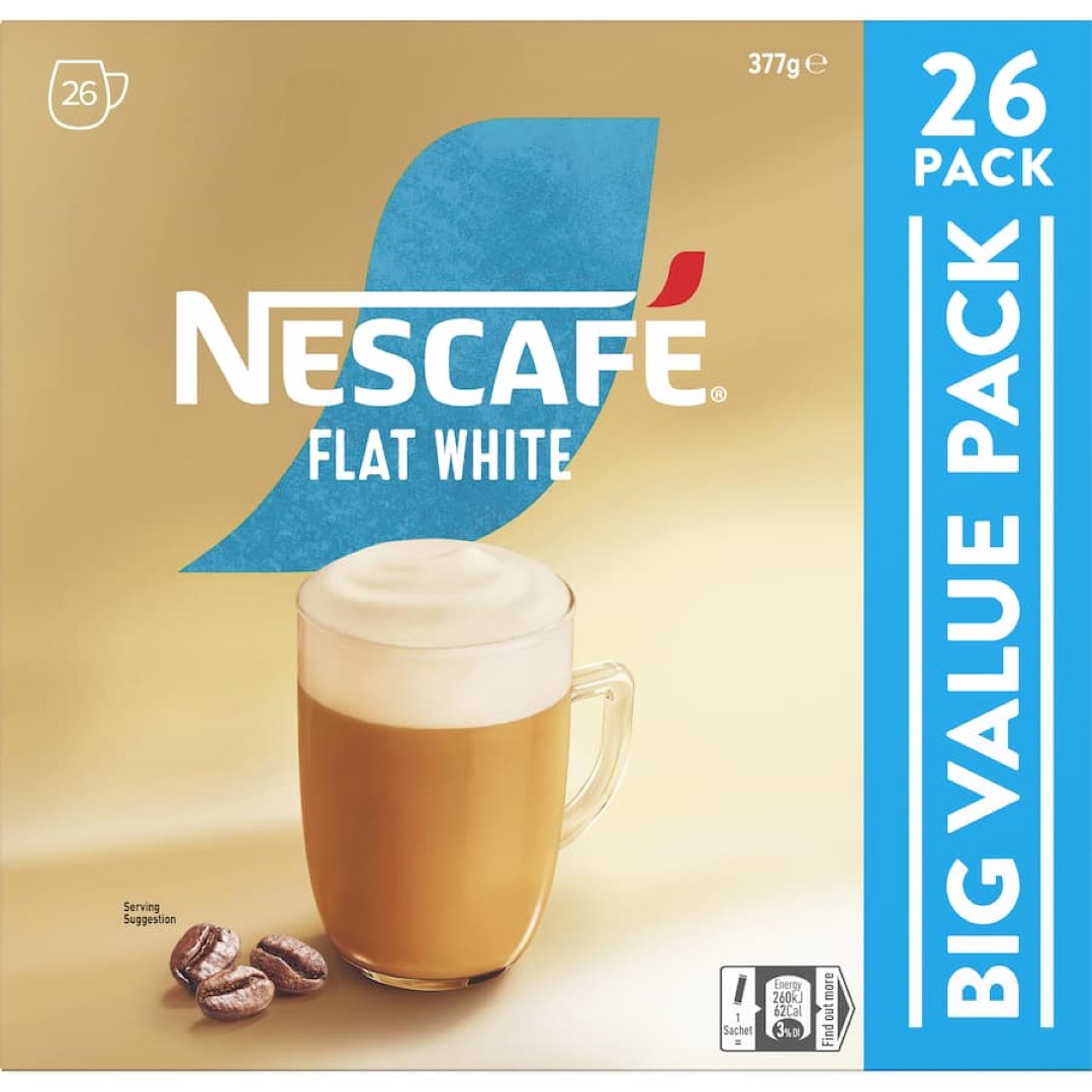 Nescafe Cafe Menu Flat White coffee sachets, 26-pack, offering a smooth, creamy coffee with sustainable, recyclable packaging.