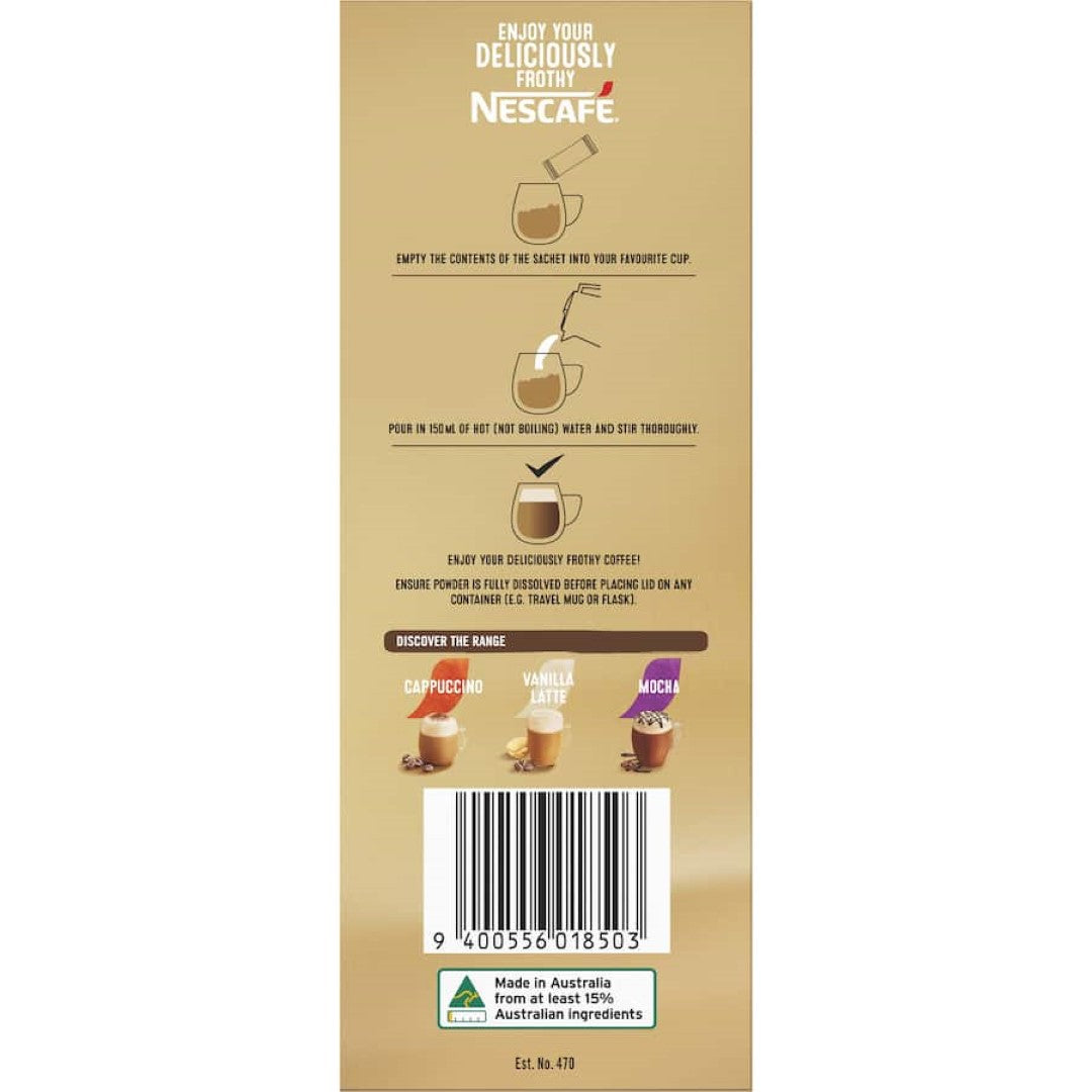 Nescafe Cafe Menu Flat White coffee sachets in a 26-pack, offering smooth, creamy coffee with convenient preparation.