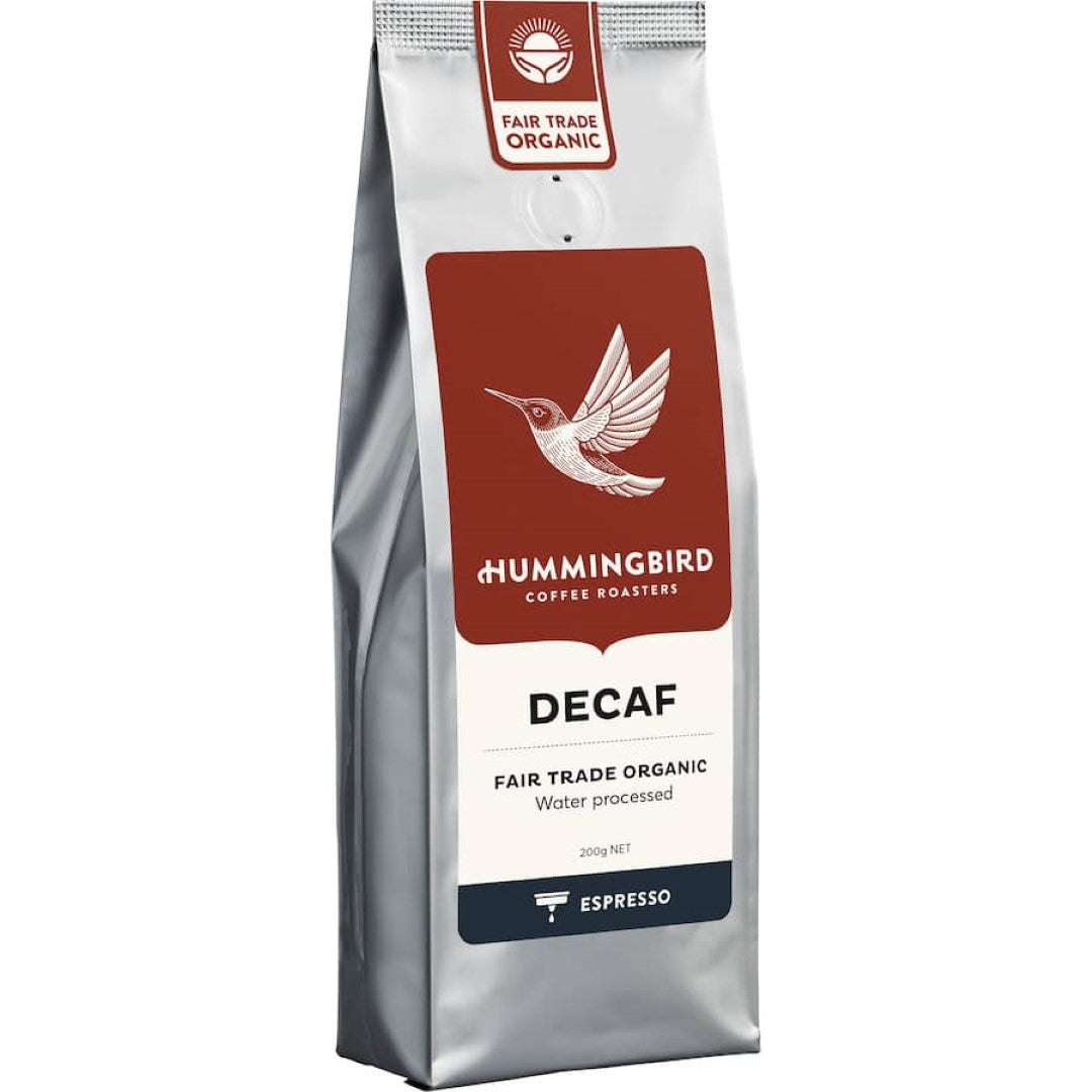 Hummingbird Fair Trade Organic Decaf Espresso Grind Coffee, 200g pack, featuring rich flavors of chocolate and malt without caffeine.