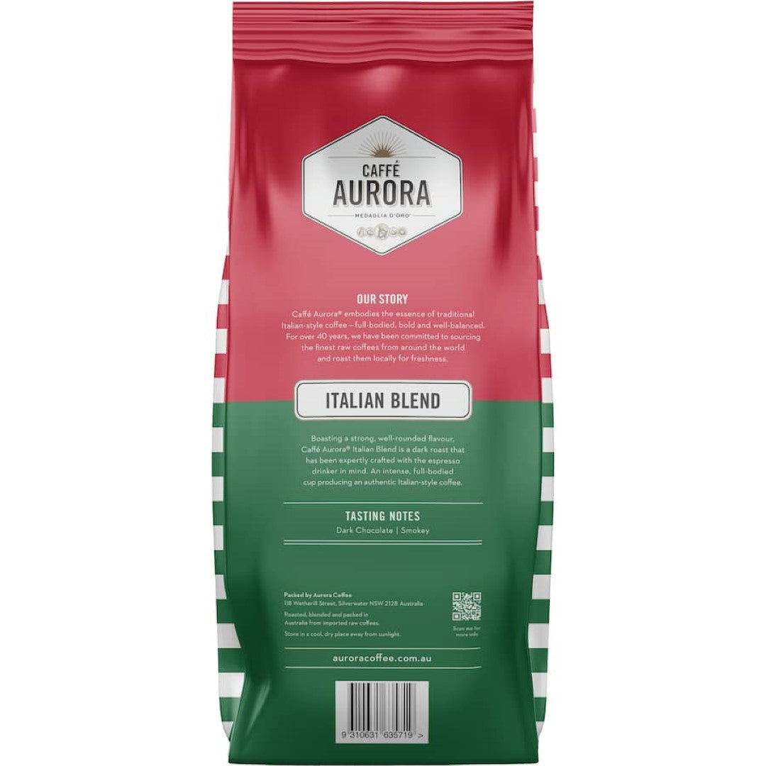 Caffe Aurora Coffee Beans in a bag, showcasing premium Italian blend with rich aromas and flavors perfect for brewing.