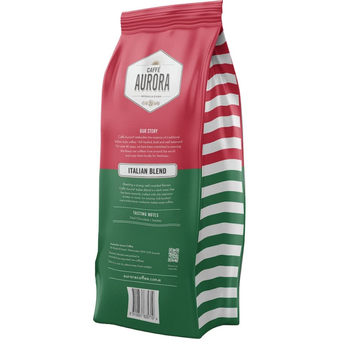 Rich Italian Caffe Aurora coffee beans with chocolate and nutty notes, perfect for brewing espresso and specialty drinks.