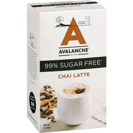 Sugar-free Avalanche Chai Latte blend with spices for a rich, guilt-free tea experience, perfect for health-conscious sipping.