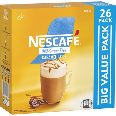 Nescafe 98% Sugar Free Caramel Latte sachets for a creamy, on-the-go cafe-style coffee experience, 26-pack.