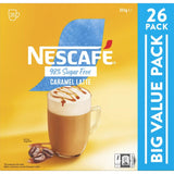 Nescafe 98% Sugar Free Latte Caramel sachets offer creamy, rich flavor for a cafe-style coffee experience at home.