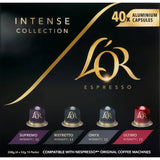 L'Or Espresso Intense Collection capsules with four bold blends for a rich coffee experience, compatible with Nespresso machines.