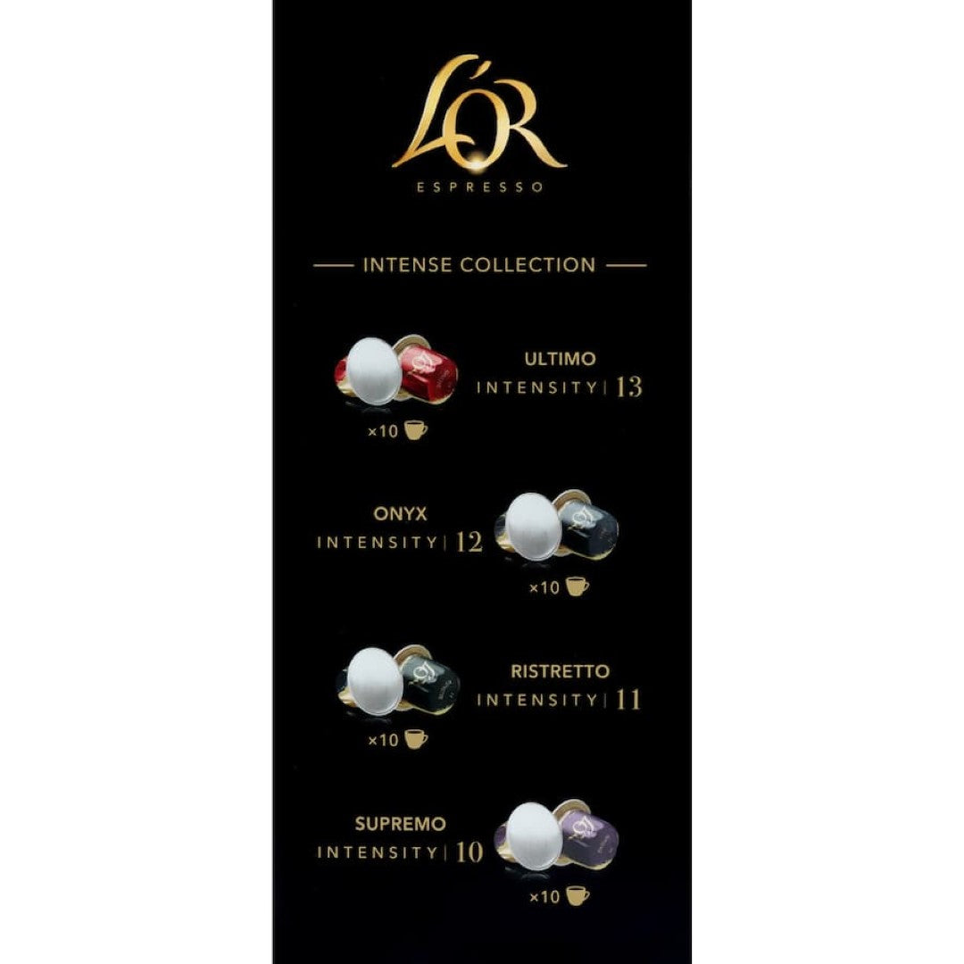 L'Or Espresso Intense Collection capsules featuring bold blends for rich flavors, compatible with Nespresso® Original machines.