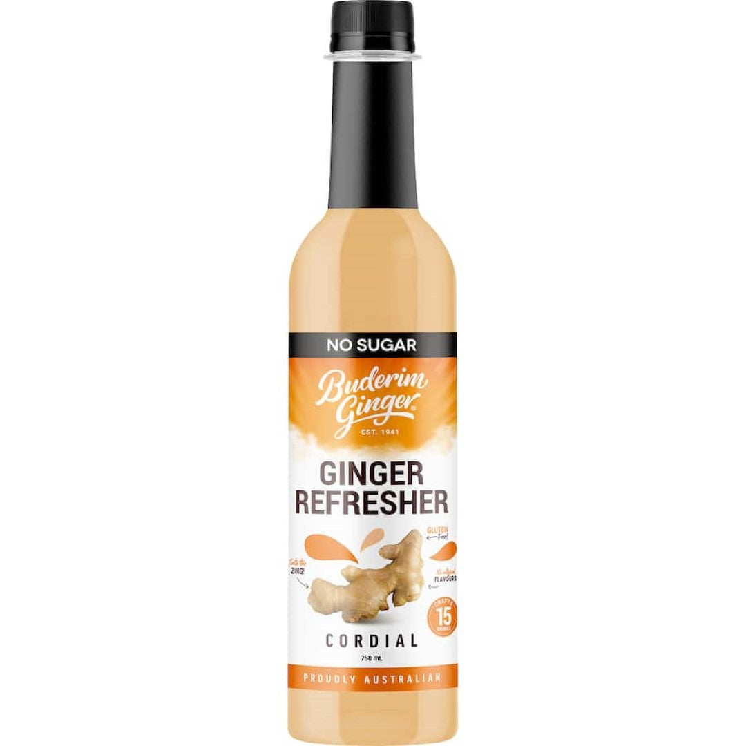 Buderim Cordial Ginger Refresh: No added sugar, invigorating ginger drink for a flavorful and healthy boost.