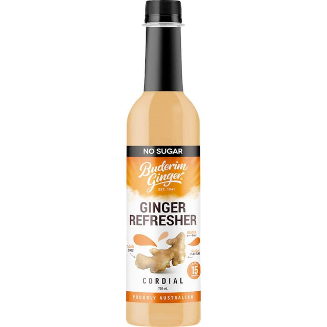 Buderim Cordial Ginger Refresh: No added sugar, invigorating ginger drink for a flavorful and healthy boost.