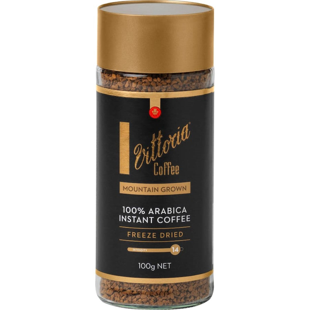 Vittoria Instant Coffee Mountain Grown Freeze Dried, offering rich flavor and quick preparation for coffee lovers on-the-go.