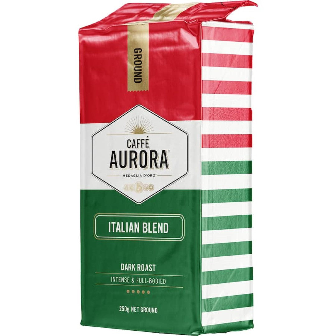 Rich and velvety Caffe Aurora Ground Coffee, perfect for espresso or brewed coffee lovers craving Italian luxury.