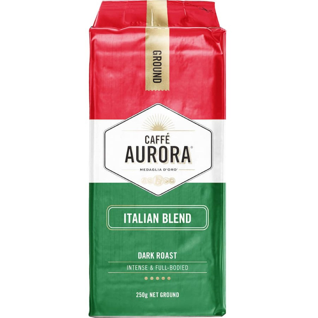 Rich and velvety Caffe Aurora Ground Coffee Italian, perfect for espresso and brewed coffee lovers, offering bold aromas and smooth textures.