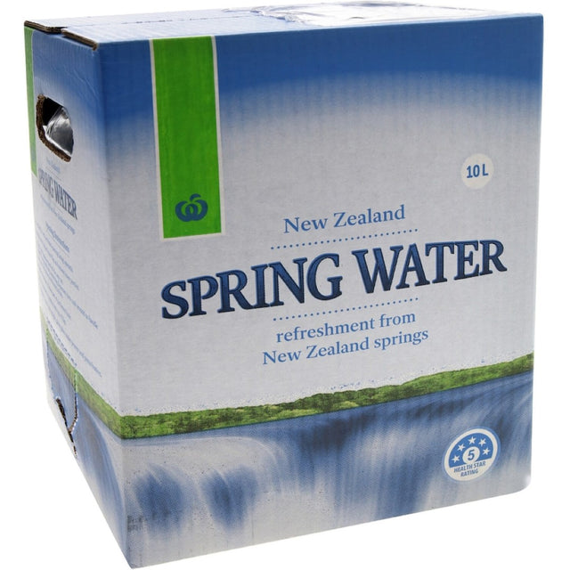 Woolworths Spring Water Bag In Box 10L, featuring natural New Zealand spring water, convenient packaging, and easy pouring.