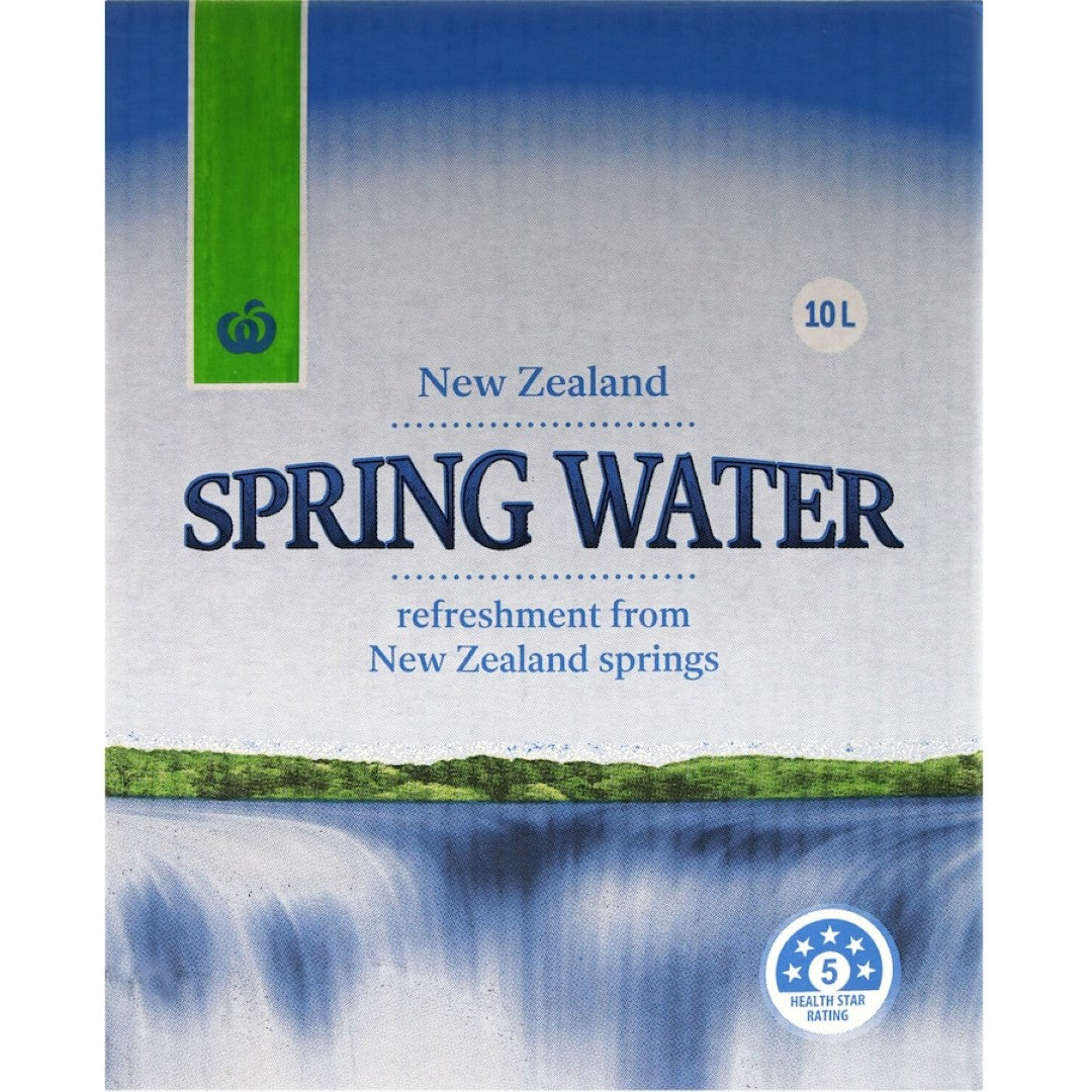 Woolworths 10L Spring Water in a convenient bag-in-box, sourced from pristine New Zealand springs for refreshing hydration.