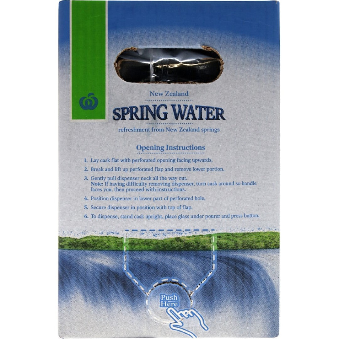 Woolworths Spring Water Bag In Box 10L, 100% natural spring water from New Zealand, convenient for home or office hydration.