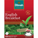 A box of 100 tagless Dilmah English Breakfast tea bags, featuring pure Ceylon black tea from Dimbula Valley, ideal for a robust brew.