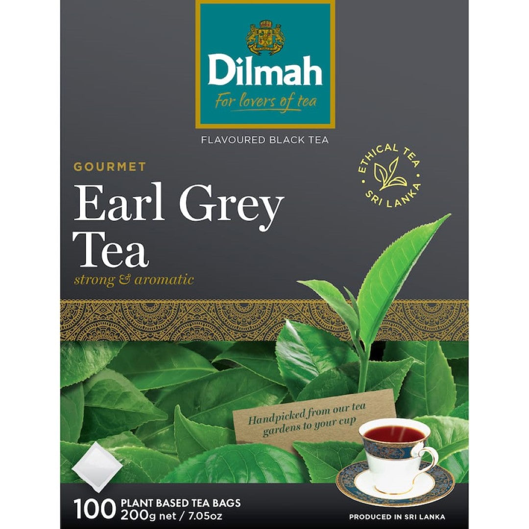 Dilmah Tea Earl Grey: 100 tagless tea bags of Ceylon tea with floral bergamot notes, offering a bold and refined flavor experience.