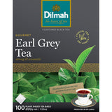 A pack of 100 tagless Dilmah Earl Grey tea bags with bold Ceylon tea, bergamot notes, and airtight packaging for freshness.